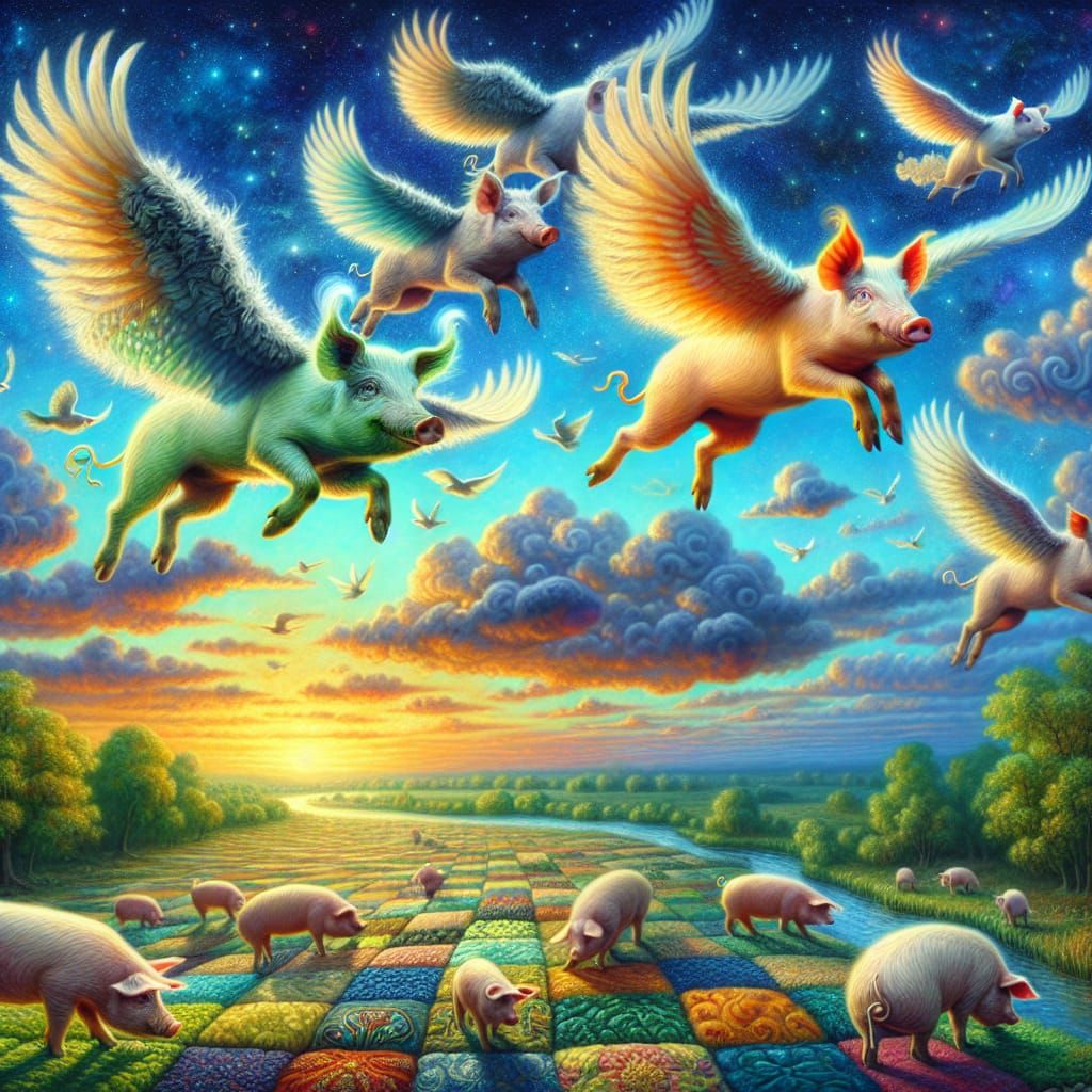 Pigs Fly in a Colorful Sky