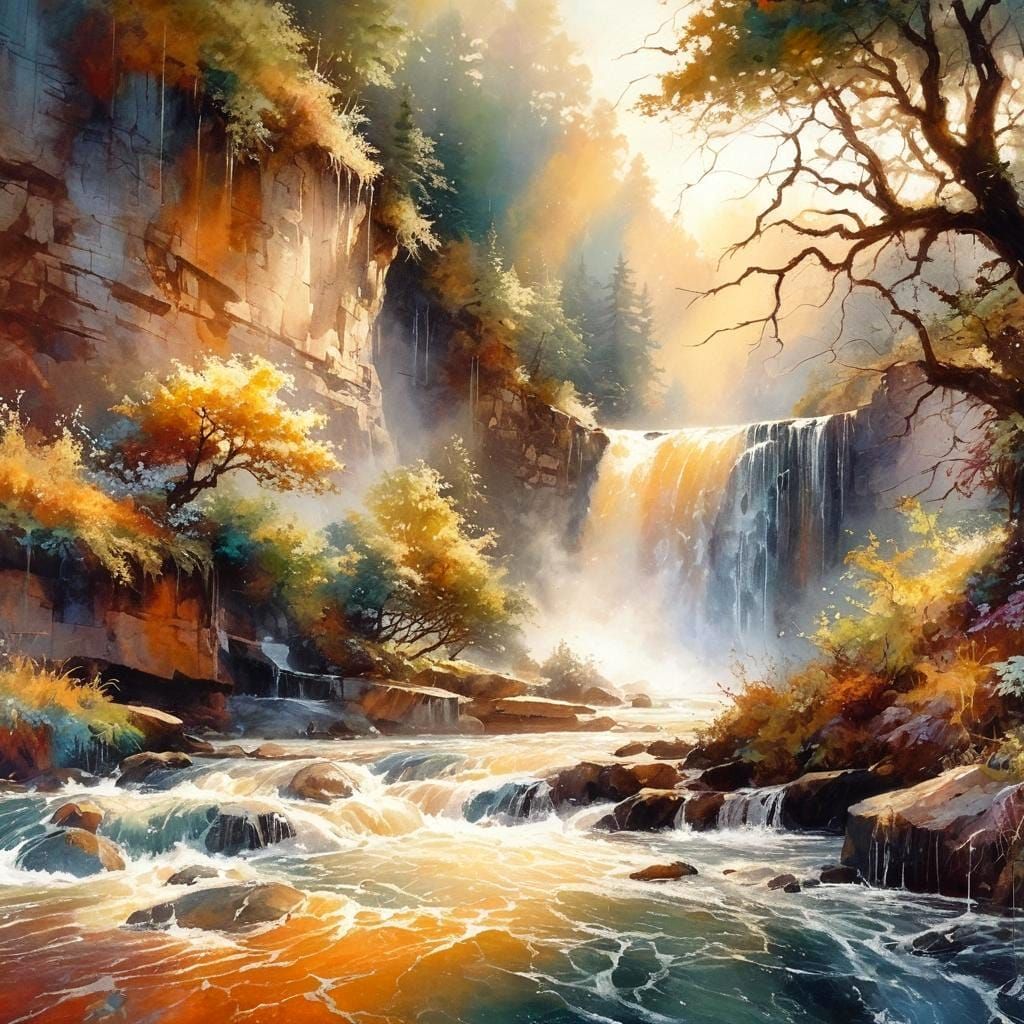 Picturesque Waterfall Scene in Photorealistic Style