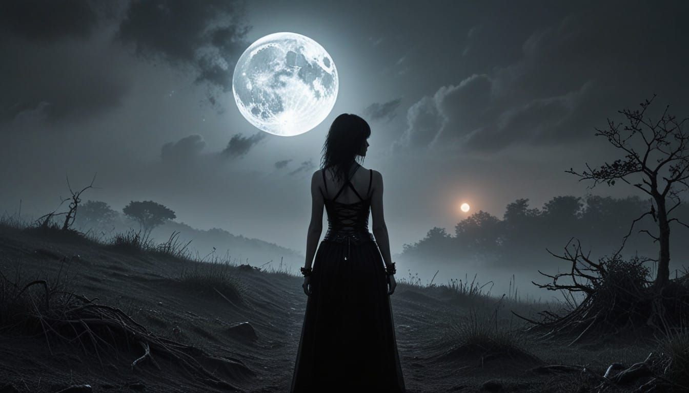 Gothic Punk Girl Under Moonlit Summer Fog