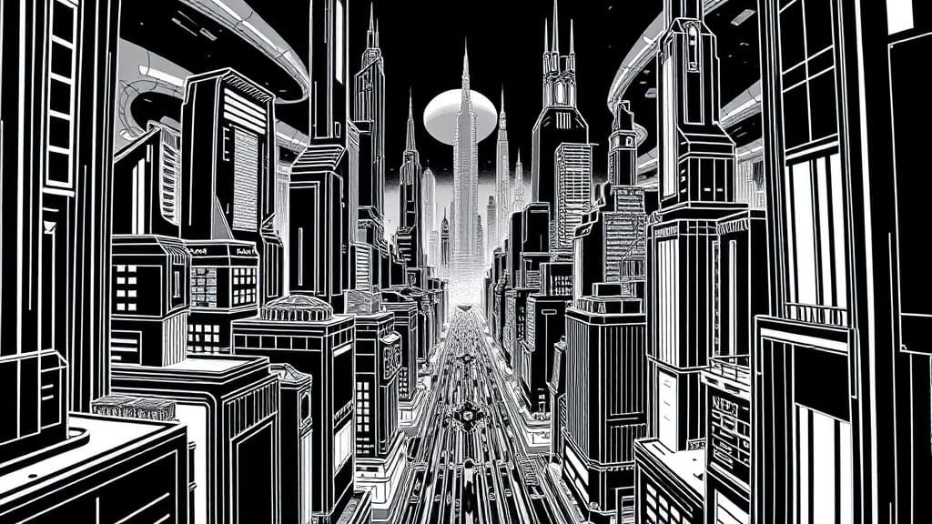 Surreal Cityscape in Black and White 2-Point Perspective