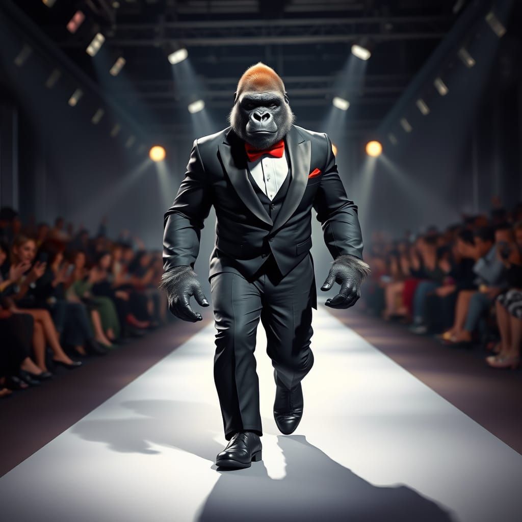 Gorilla Struts Catwalk in Tuxedo: Hyperrealistic Digital Pai...