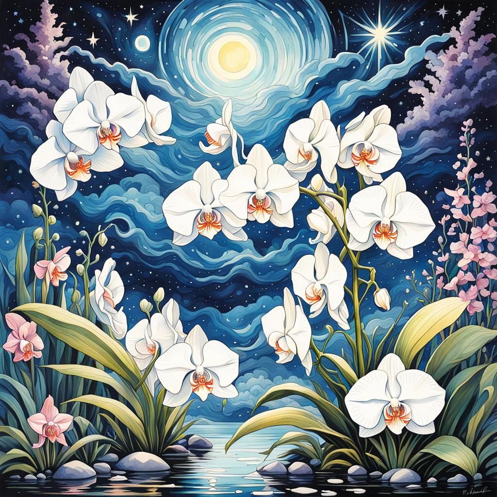 Ethereal Gothic Orchid Under Starry Night, Watercolor