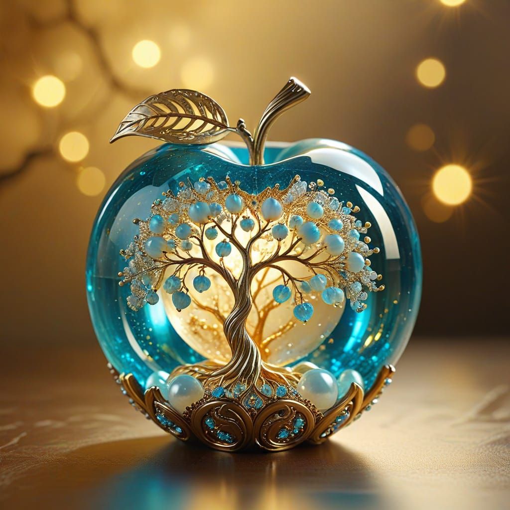 Crystal Apple Sculpture with Golden Tree and Pearls