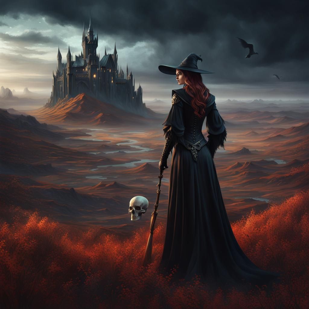 Fantasy Witch with Skull in Desolate Landscape