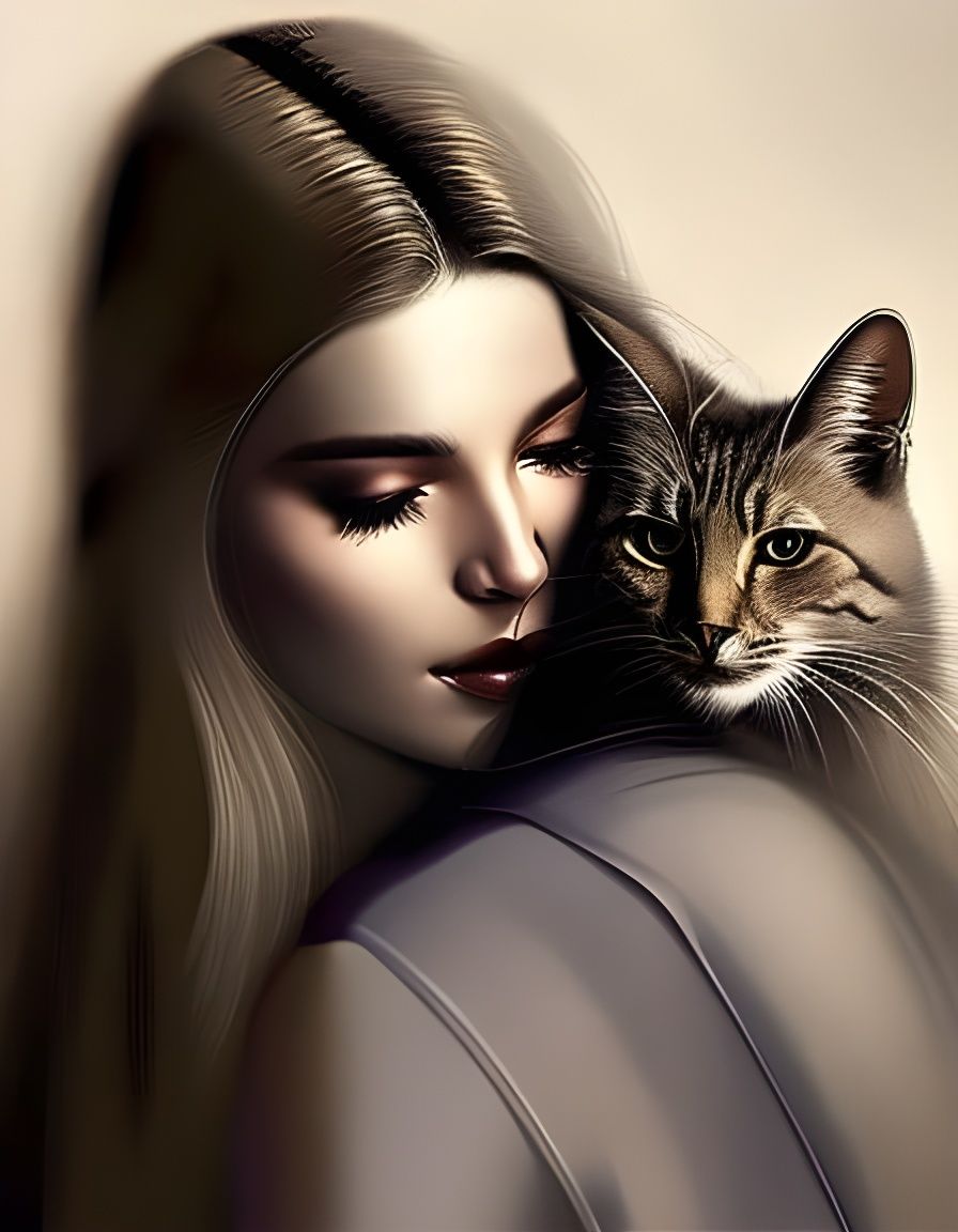 Beautiful Woman with Cat in Watercolor Style