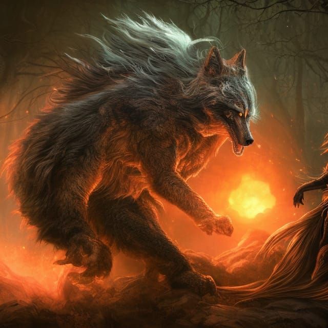 Ferocious Wolf and Red Cloak Rider Fantasy Illustration