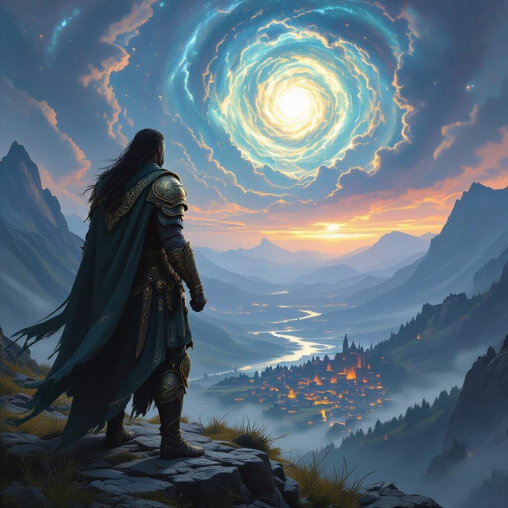 Celtic Warrior Overlooking Mystical Valley: Dark Fantasy