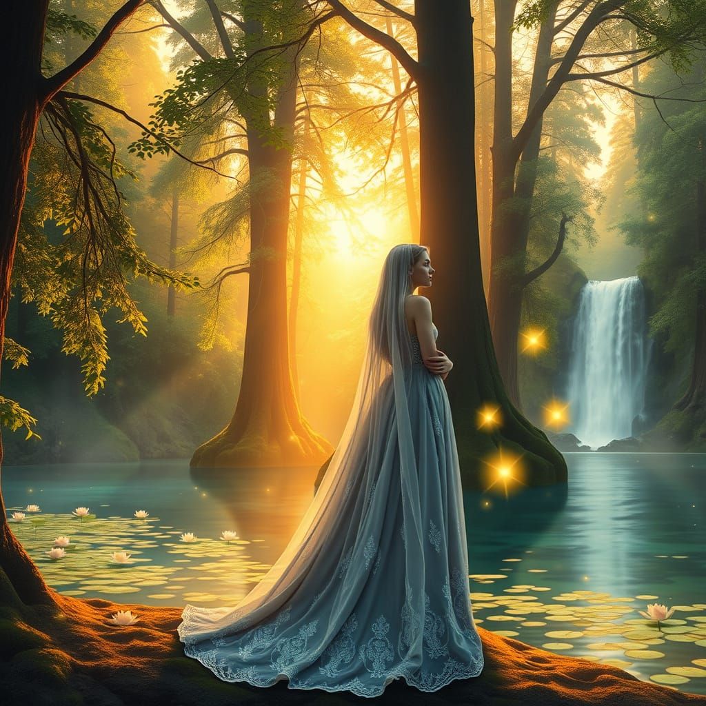 Whimsical Sunset Forest with Cascading Waterfall