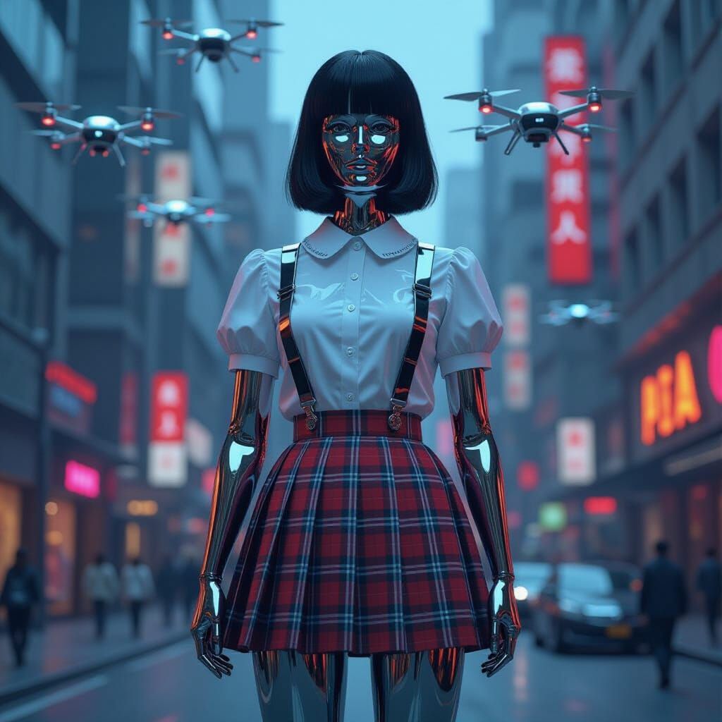 Chrome Schoolgirl Statue in Futuristic Cityscape