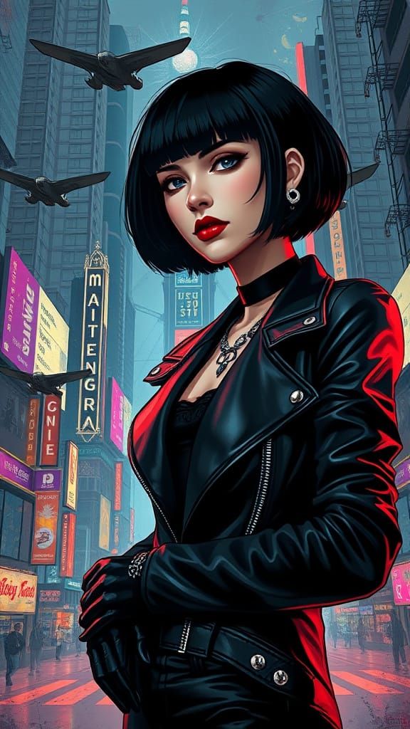 Gothic Woman in Cyberpunk Metropolis, in Art Nouveau Style