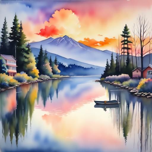 Golden Sunset in Watercolor Style