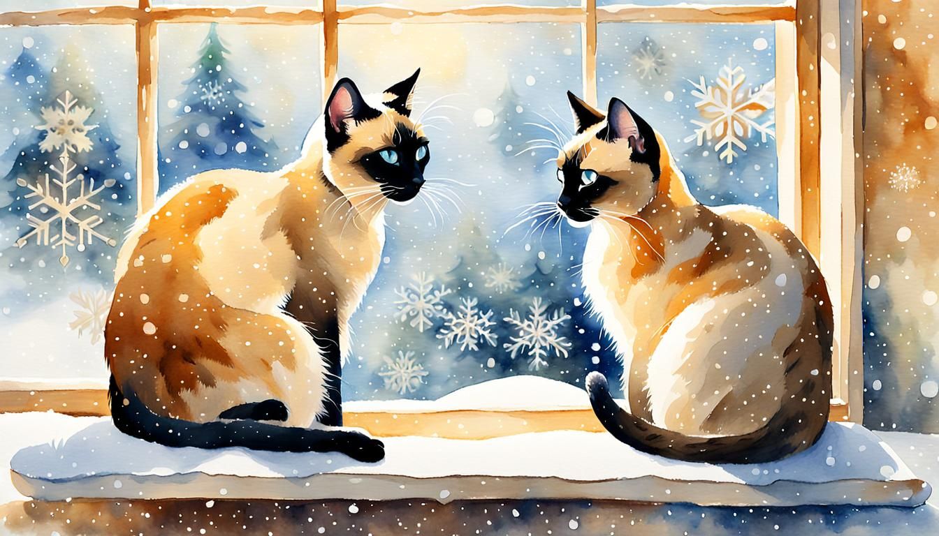 Siamese Cats Watching Snowfall: Watercolor Painting