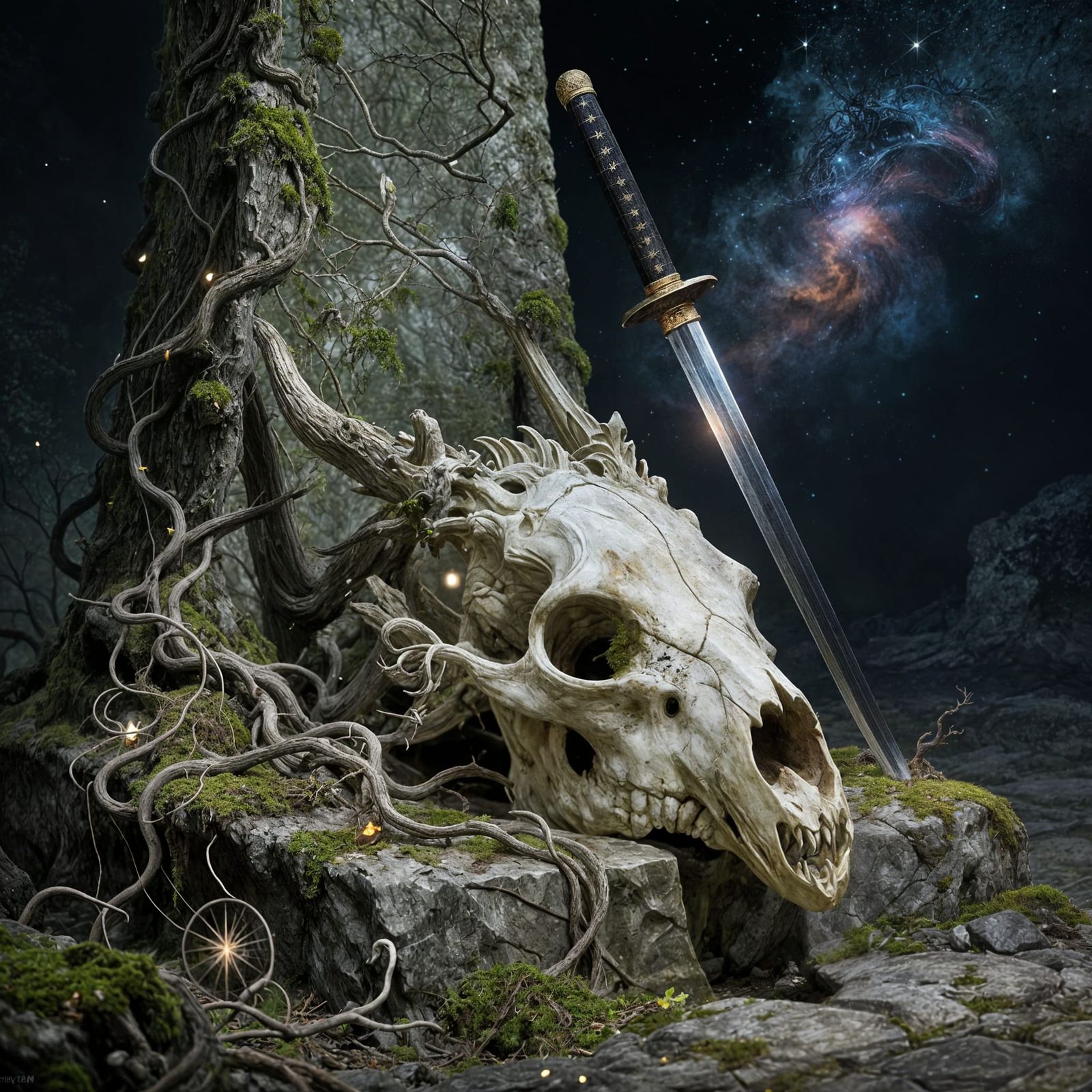 Ancient Dragon Skull Altar with Samurai Katana in Moonlight