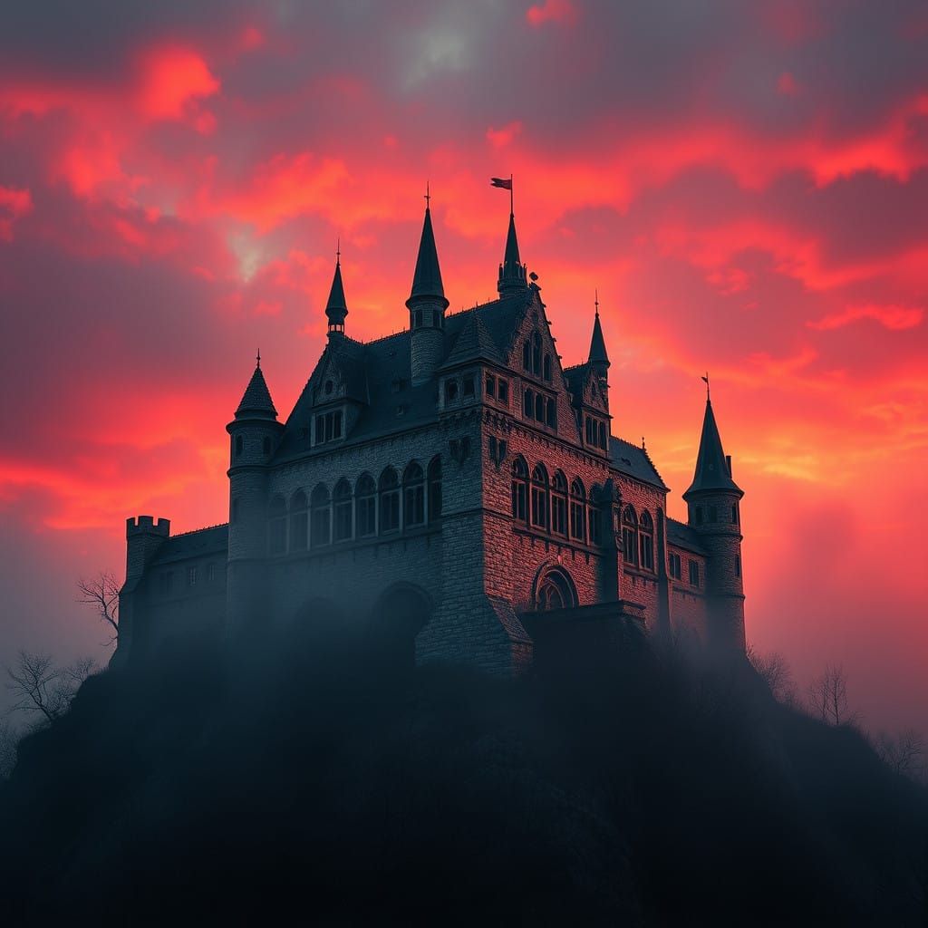 Majestic 15th-century German Castle Amidst Fiery Red Sky