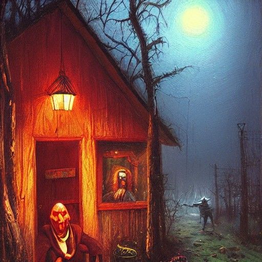 Creepy Neon Baba Yaga as Oil Painting