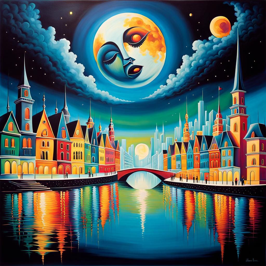 Surreal City Moon-Face in Acrylic Art Style