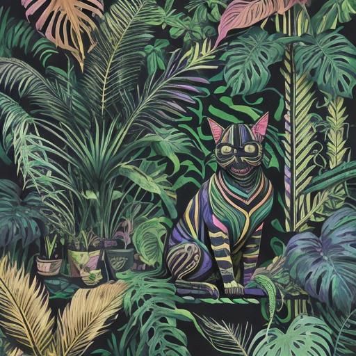 Neon Cat Hidden in Fractal Tropical Plants