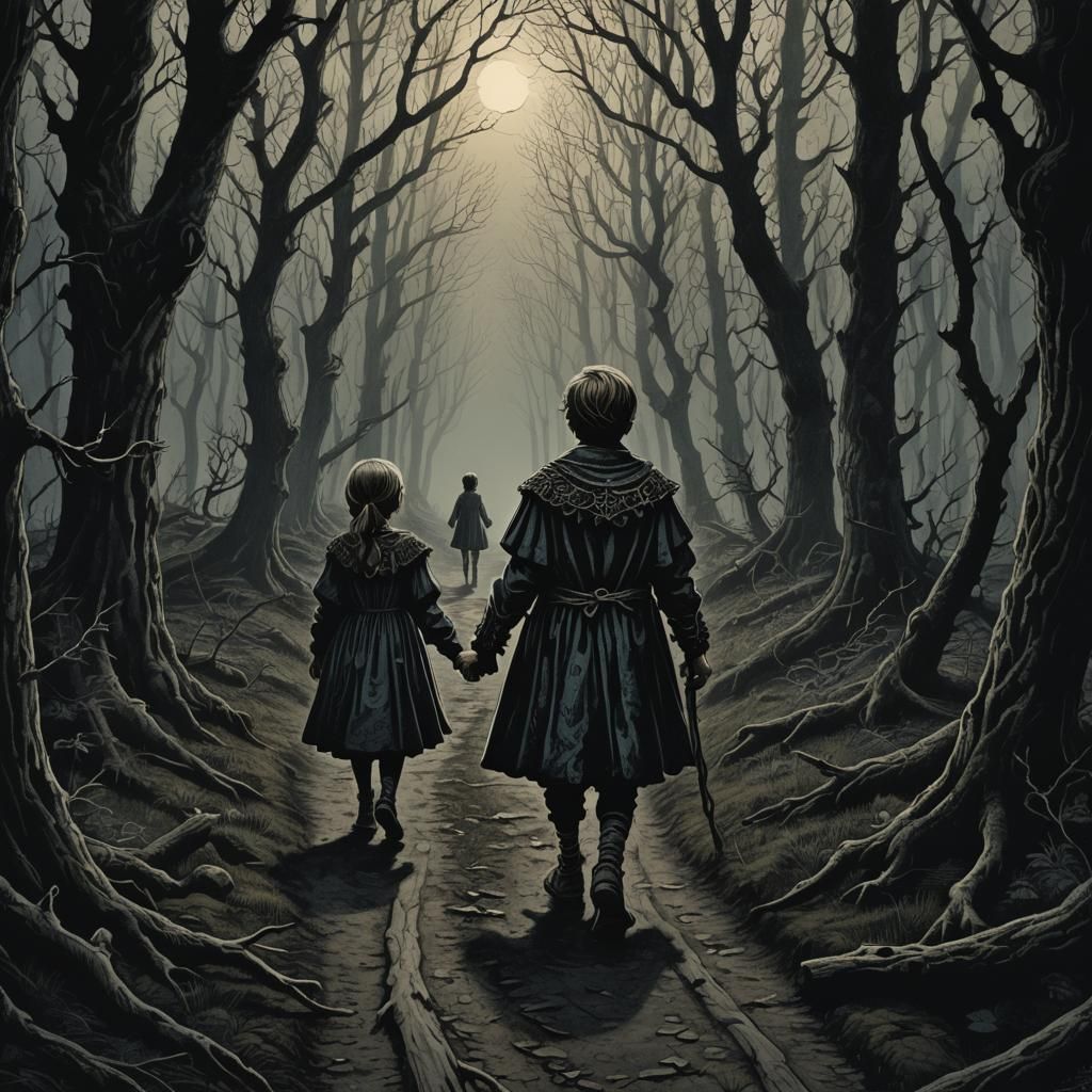 Children Lost in Dark Forest, Gustave Doré Style