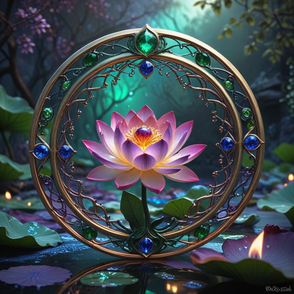 Eternal Lotus in Gold and Sapphire with Fiery Rings