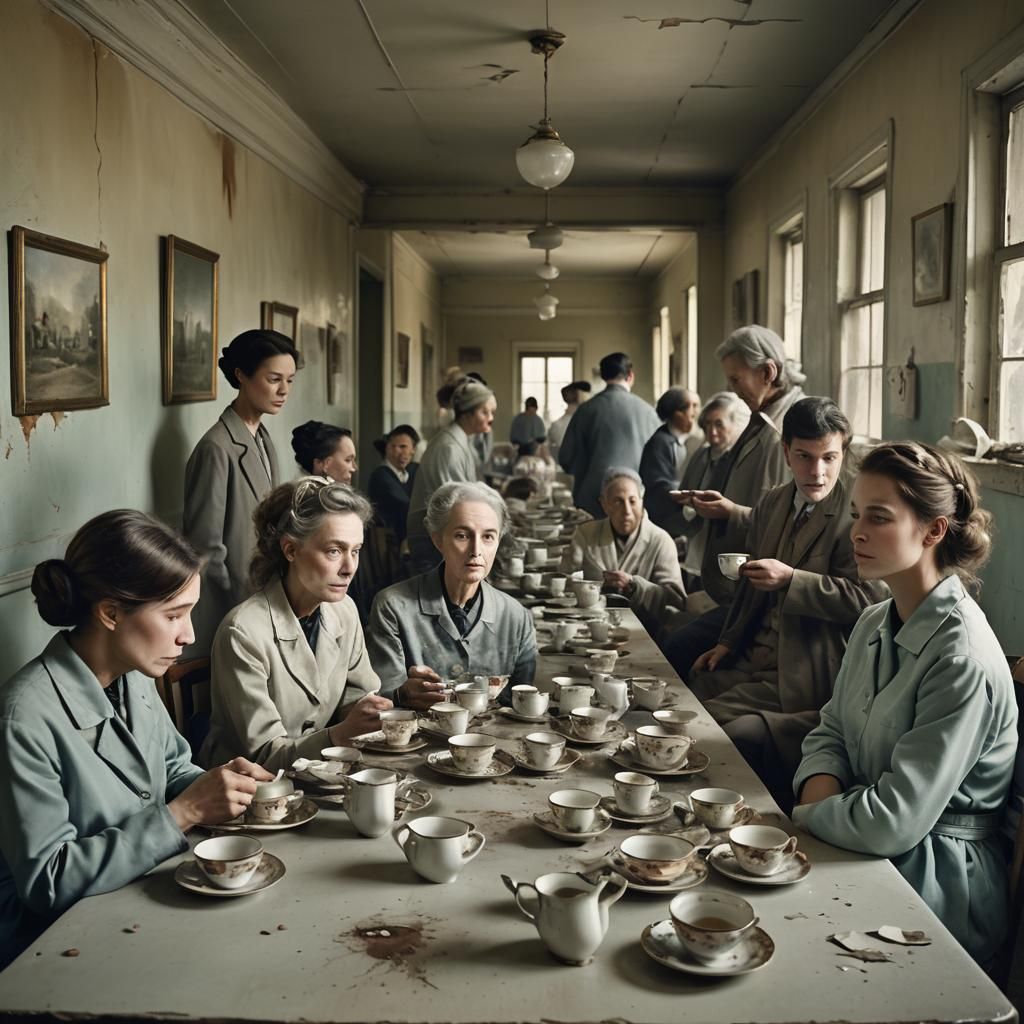 Eerie Coffee Party in Abandoned Hospital, as Faded Oil Paint...
