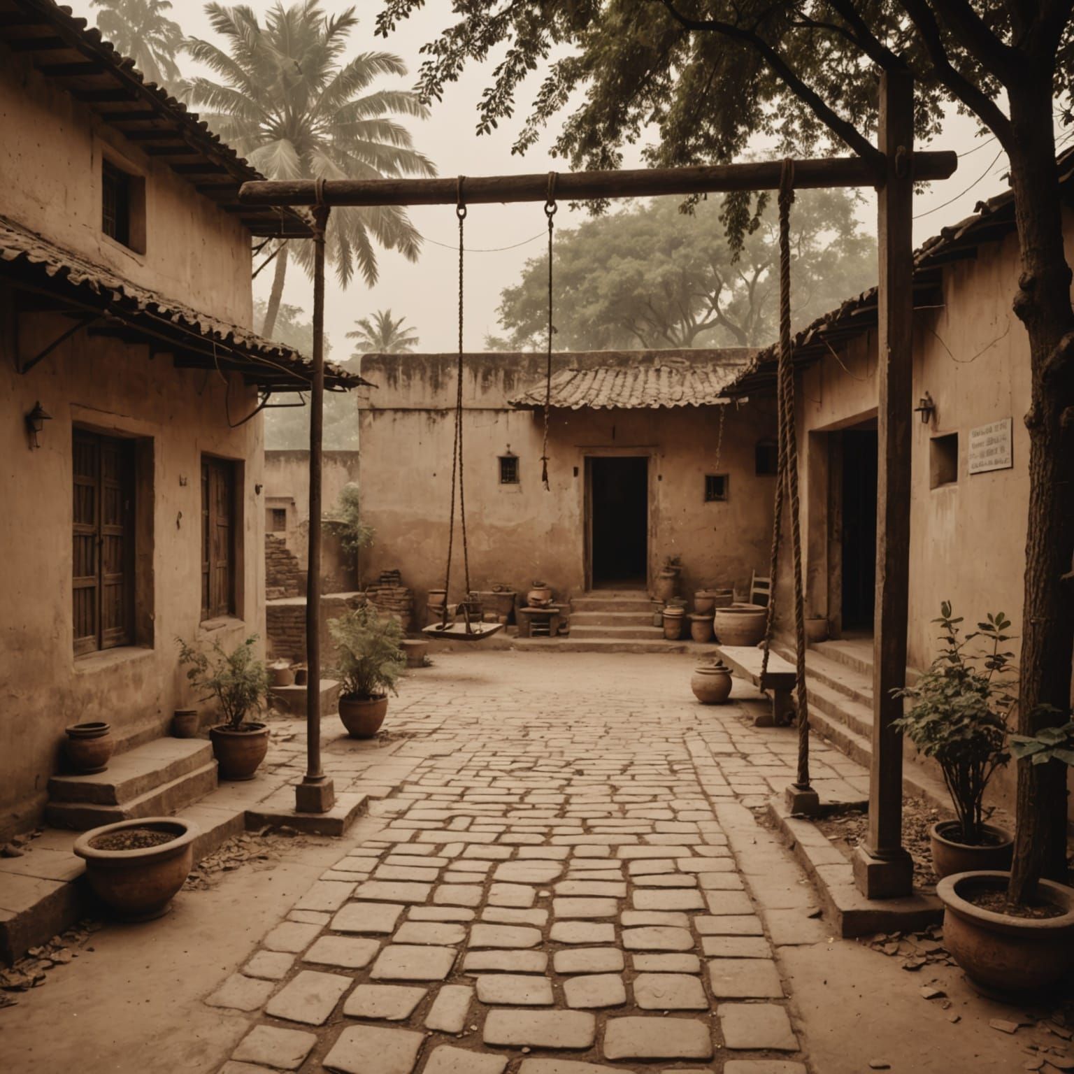Vintage Indian Courtyard Scene in Sepia Tones
