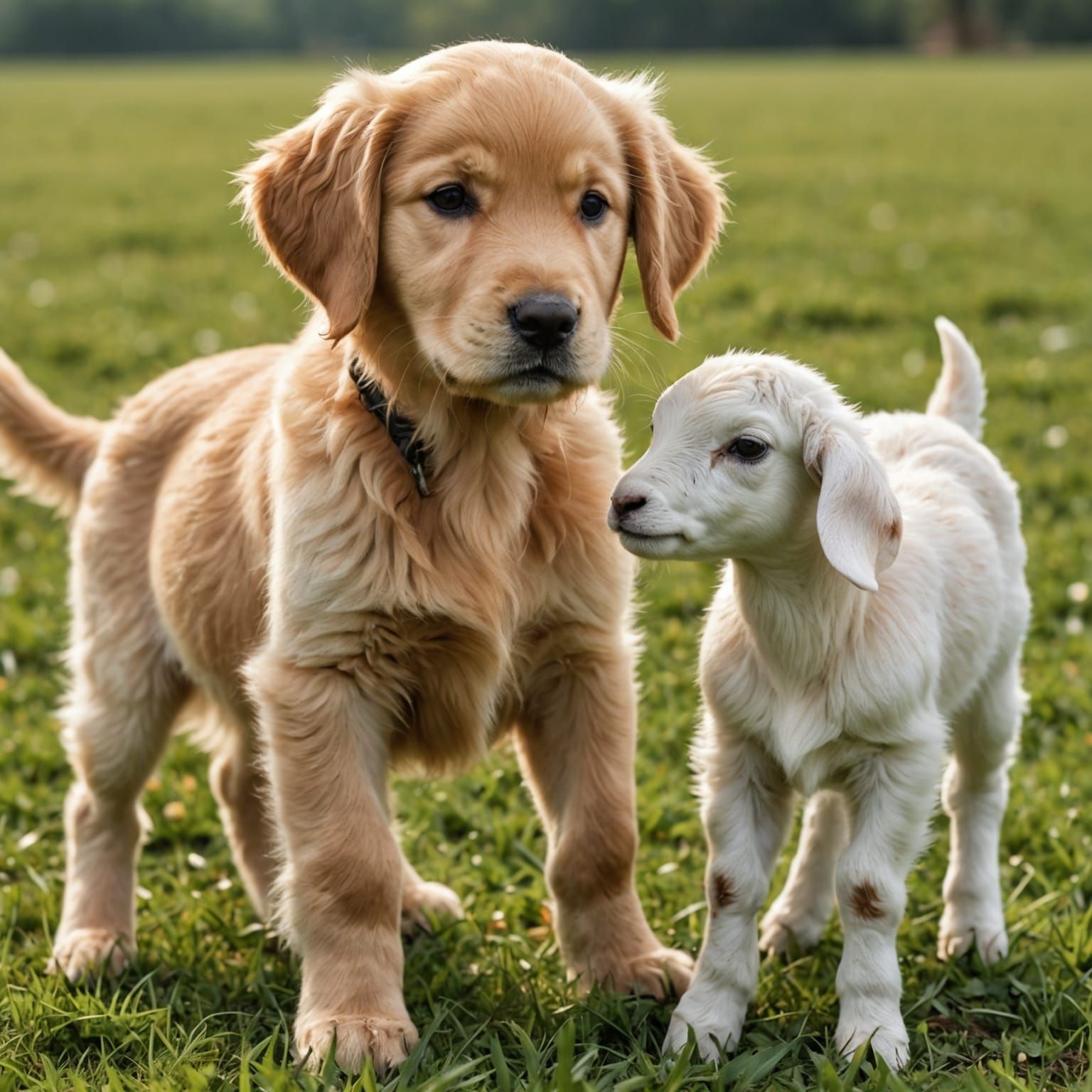 Golden Retriever Puppy and Goat Best Friends