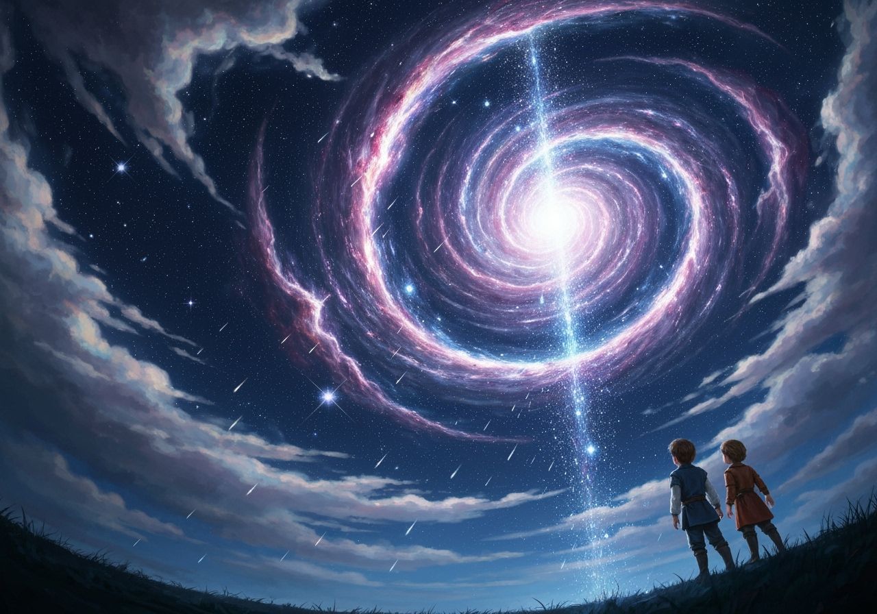 Cosmic Nebula With Children Gazing in Awe