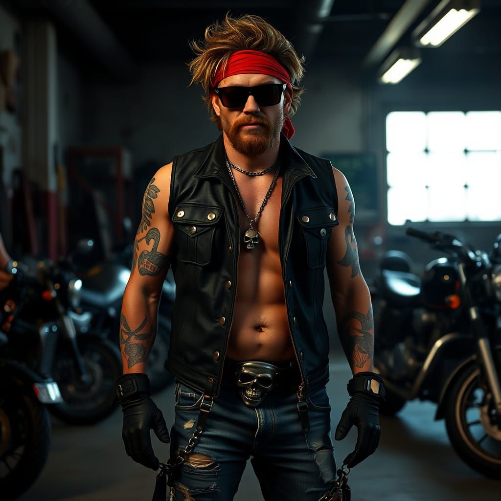 Rugged Biker in Dimly Lit Garage