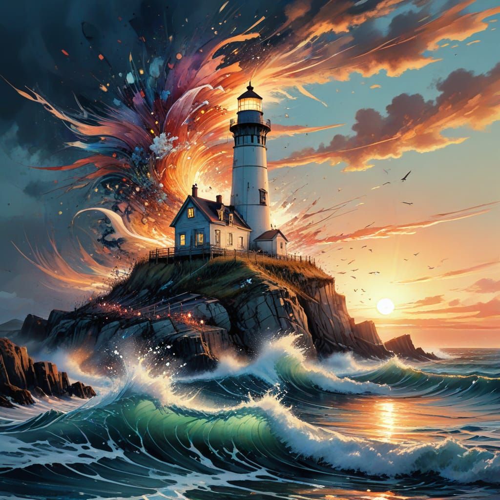 Stunning Digital Watercolor Sunset with Crashing Waves and L...