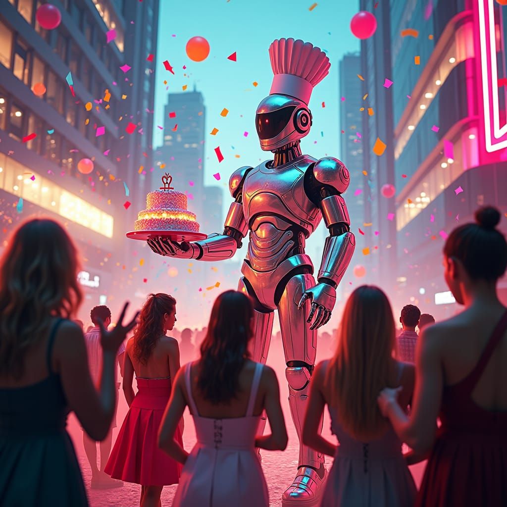 Futuristic Cityscape Surprise Party with Robot Chef