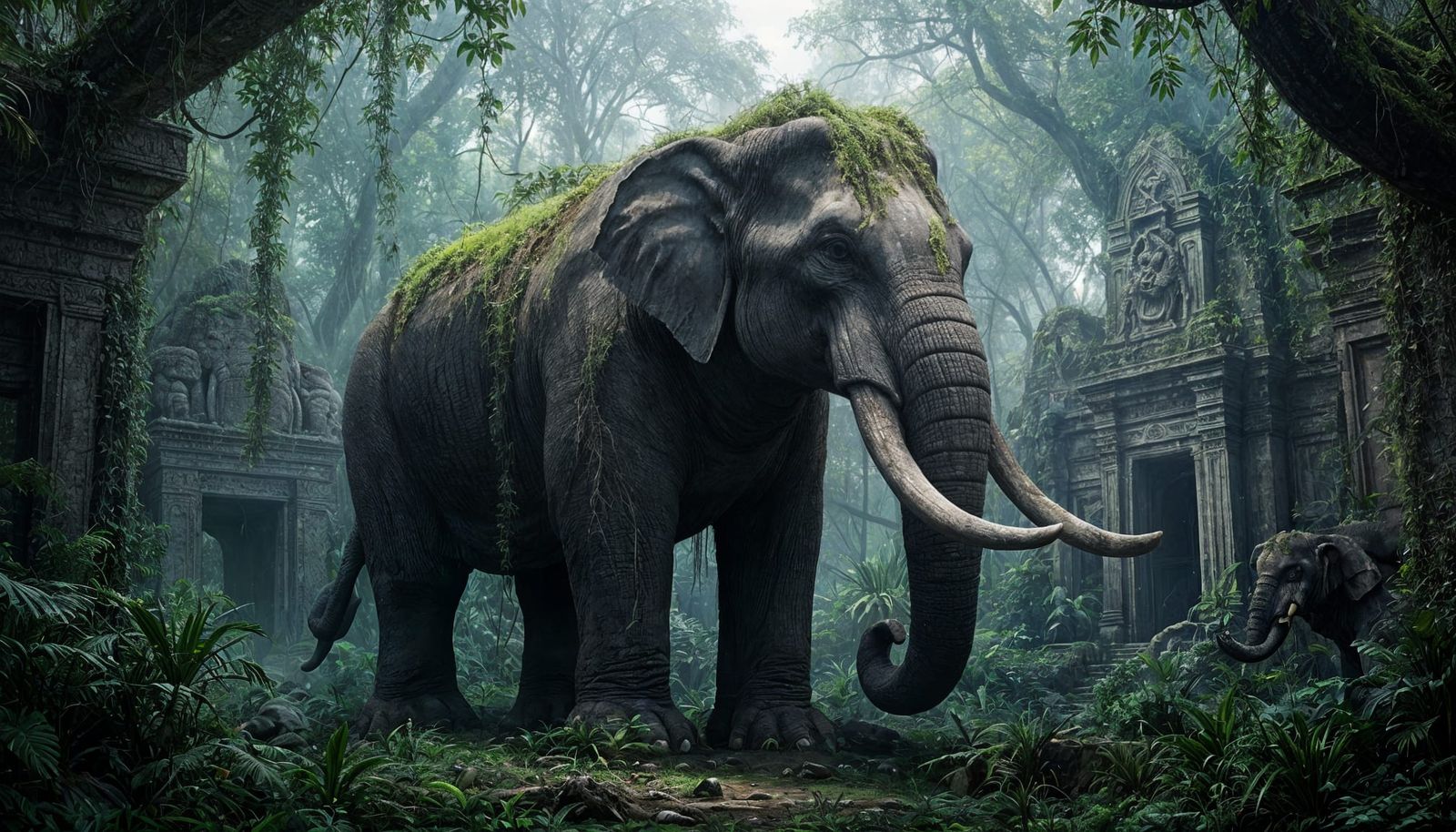 Ancient Stone Elephant Monument in Bioluminescent Jungle