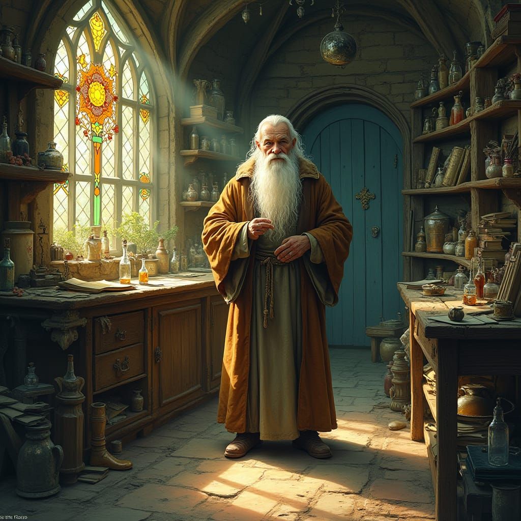 Wizard in Workshop, Arthur Rackham and Alan Lee Style