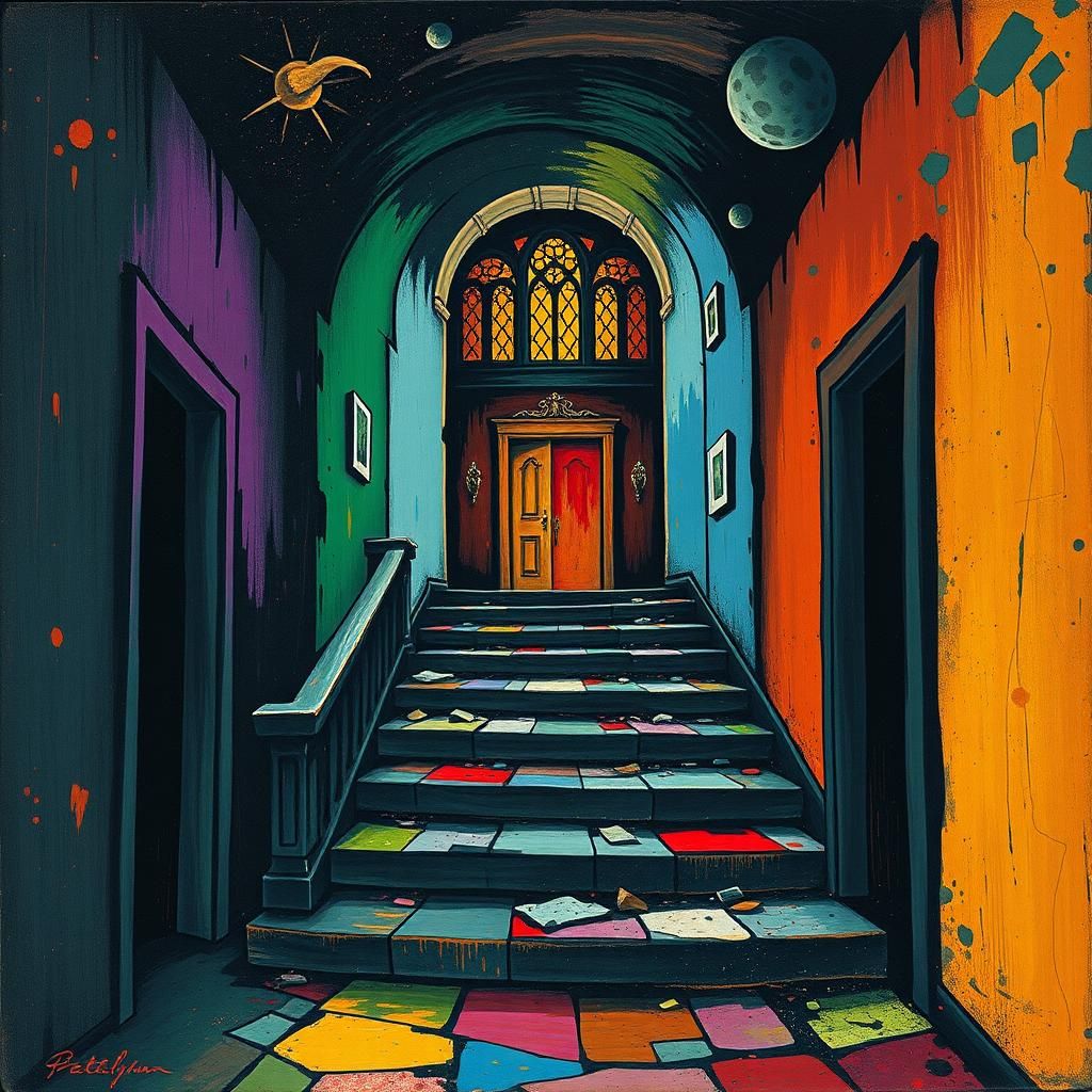 Ominous Figures in Ruined House: Abstract Art