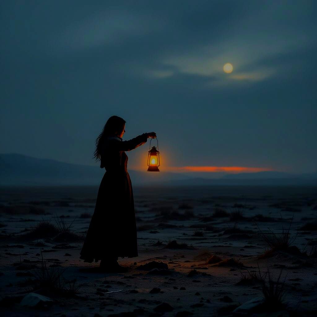 Woman with Lantern on Windswept Plain in Photorealistic Styl...