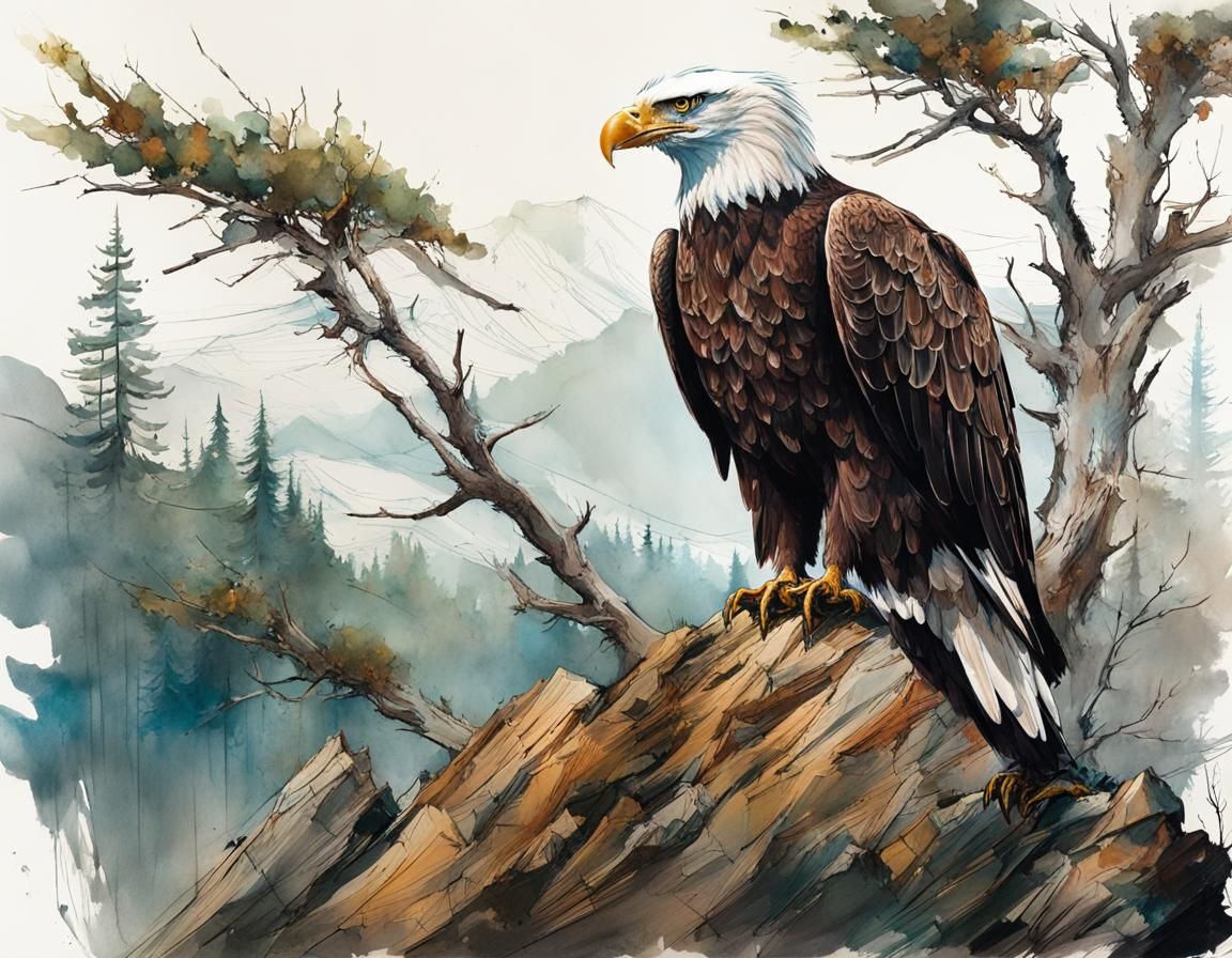 A bald eagle sitting on a big rock, crippled trees behind