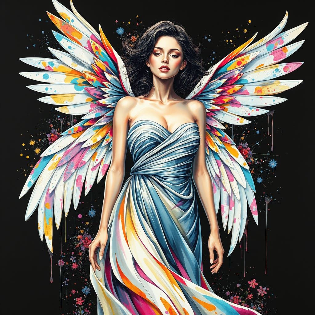 Graffiti Goddess with Wings in Vibrant Polychromatic Hues