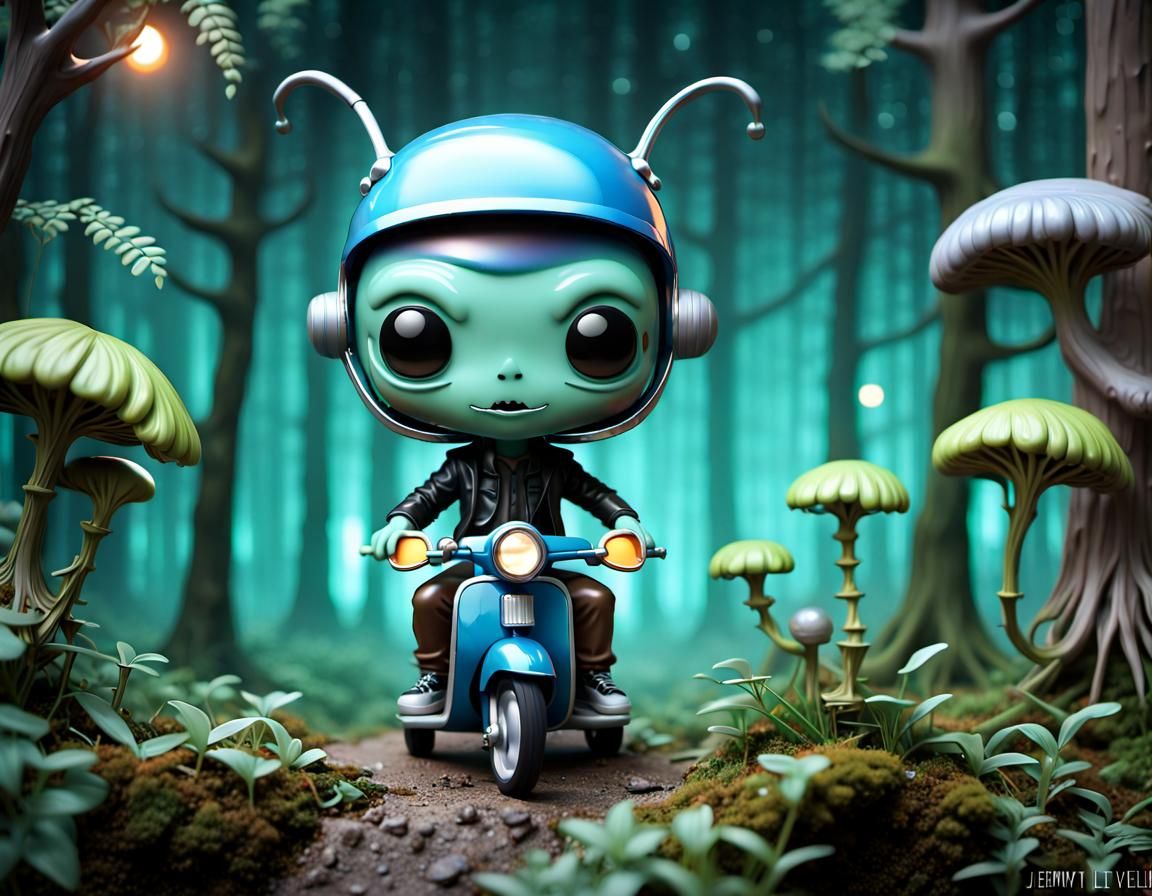 Chibi Alien on Vespa Scooter in Funko Pop Style