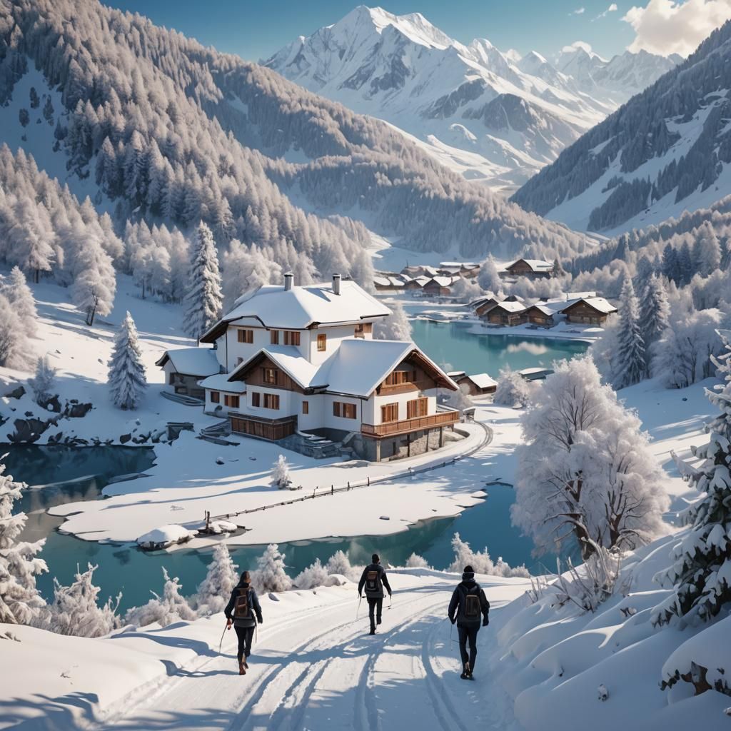 Snowy Alpine Landscape with Couple in 3D Anime Art
