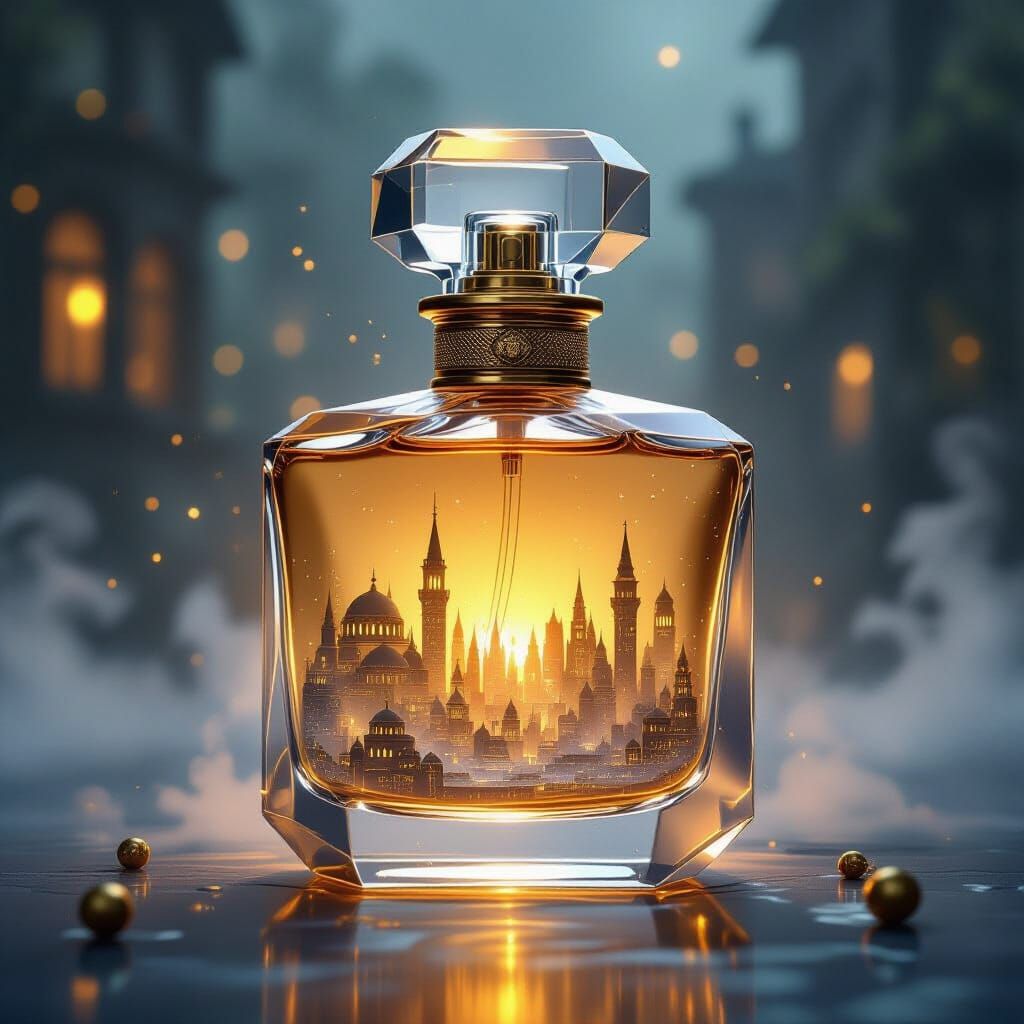 Miniature City Inside Golden Perfume Bottle