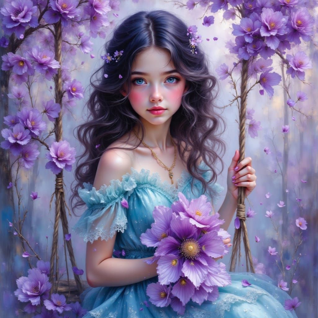 Girl on Swing Under Blossoms as Oil Painting
