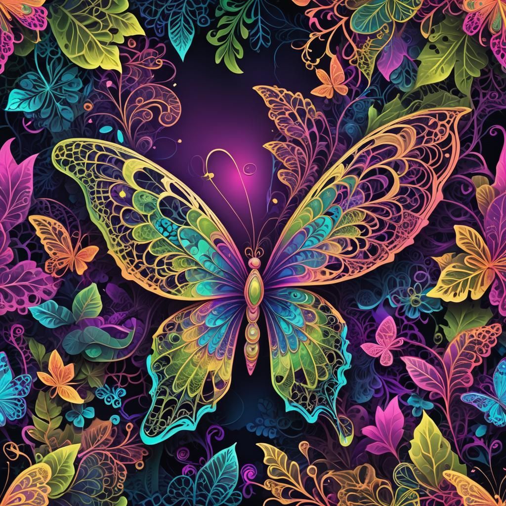 Lace butterfly in a jungle glowing with neon colors.