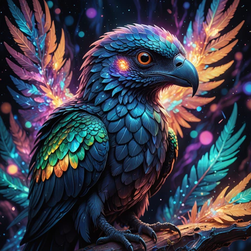 Cosmic Microraptor in Vibrant, Iridescent Hues