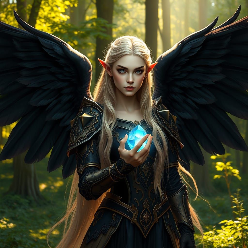 Serene Angelic Warrior in a Lush Green Forest