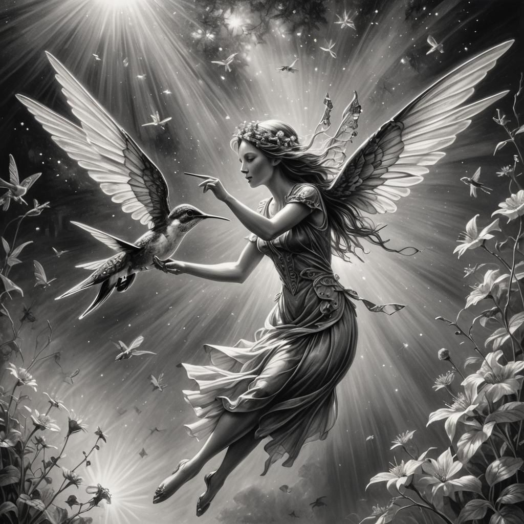 Monochrome Fairy on Hummingbird in Charcoal Drawing