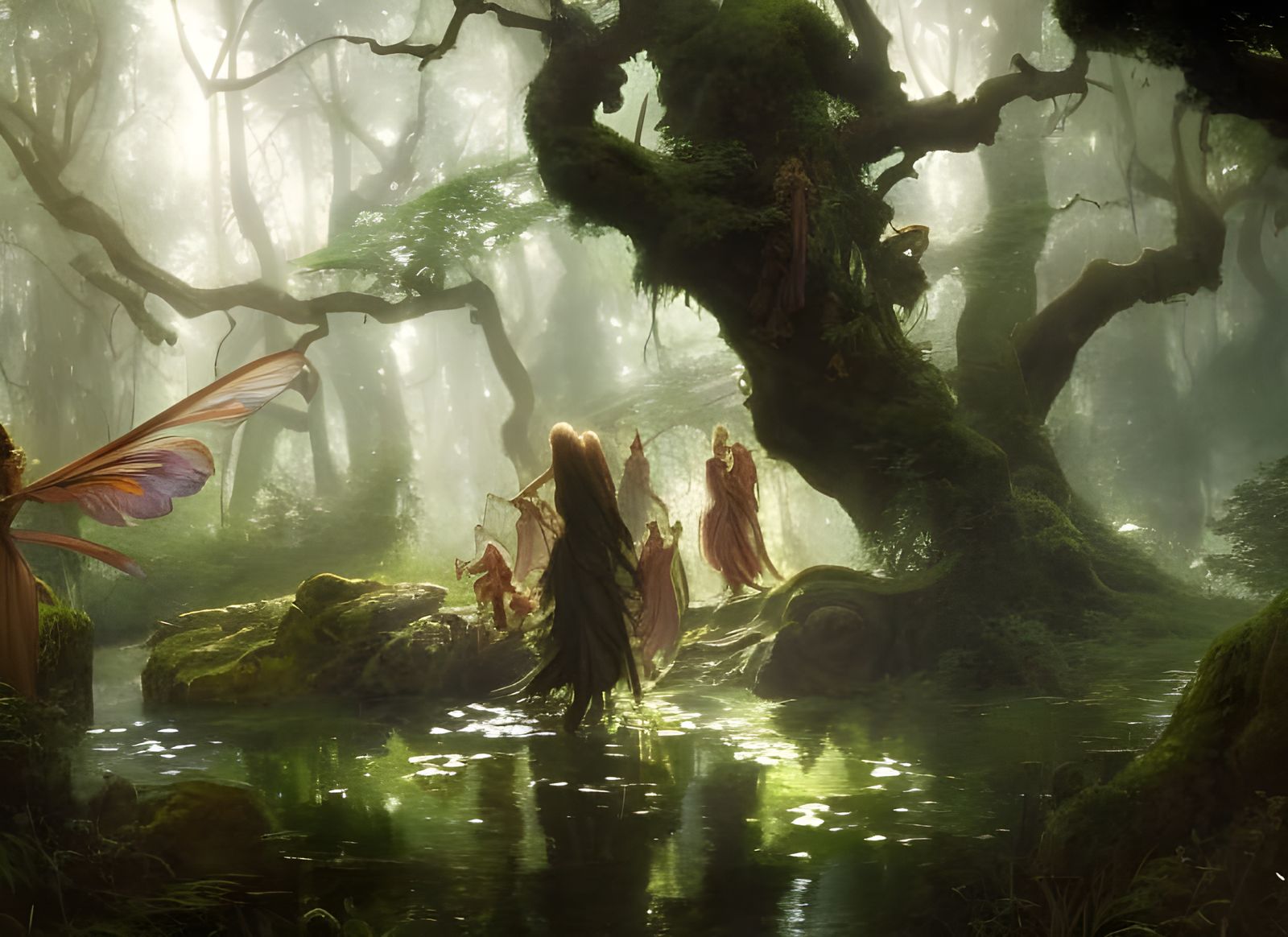 Enchanted Forest Scene with Magical Creatures