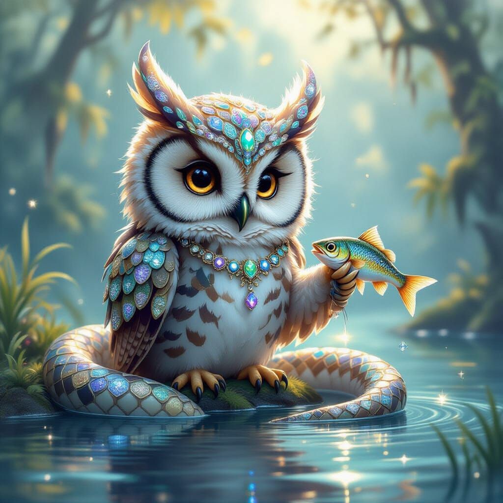 Bejeweled Owl-Snake Fusion Catches Fish