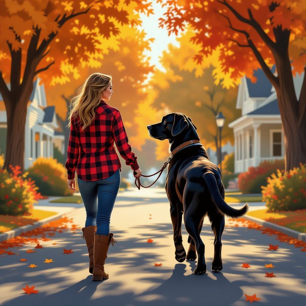 Woman Walks Great Dane in Autumn Suburb