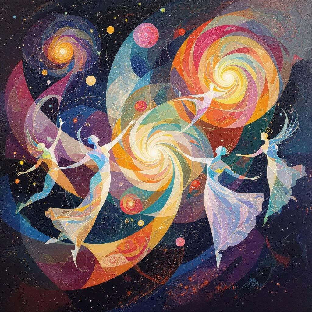 Cosmic Ballet: Geometric Shapes, Light Beings, and Galaxies