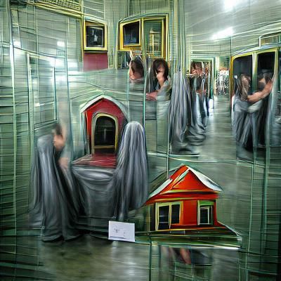 Eerie Haunted House with Distorted Mirror Reflections