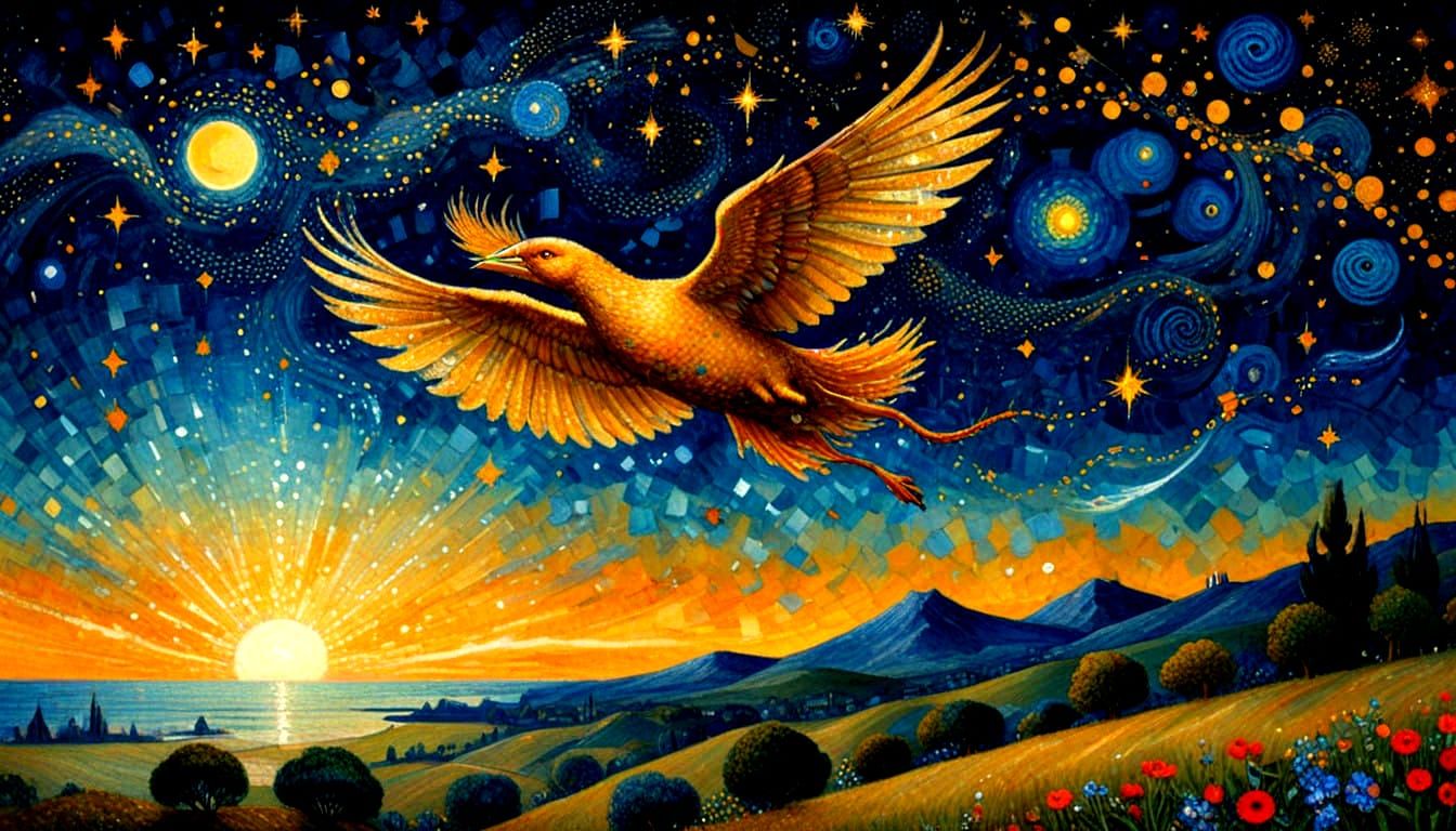 Ethereal Night Sky with Seurat-inspired Starry Painting